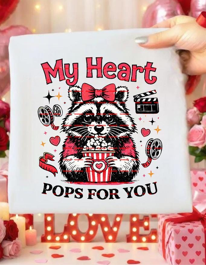 My Heart Pops For You PNG, Funny Valentine Raccoon Design, Cute Movie Night Love PNG, Valentine Sublimation File, Romantic Animal Shirt Png