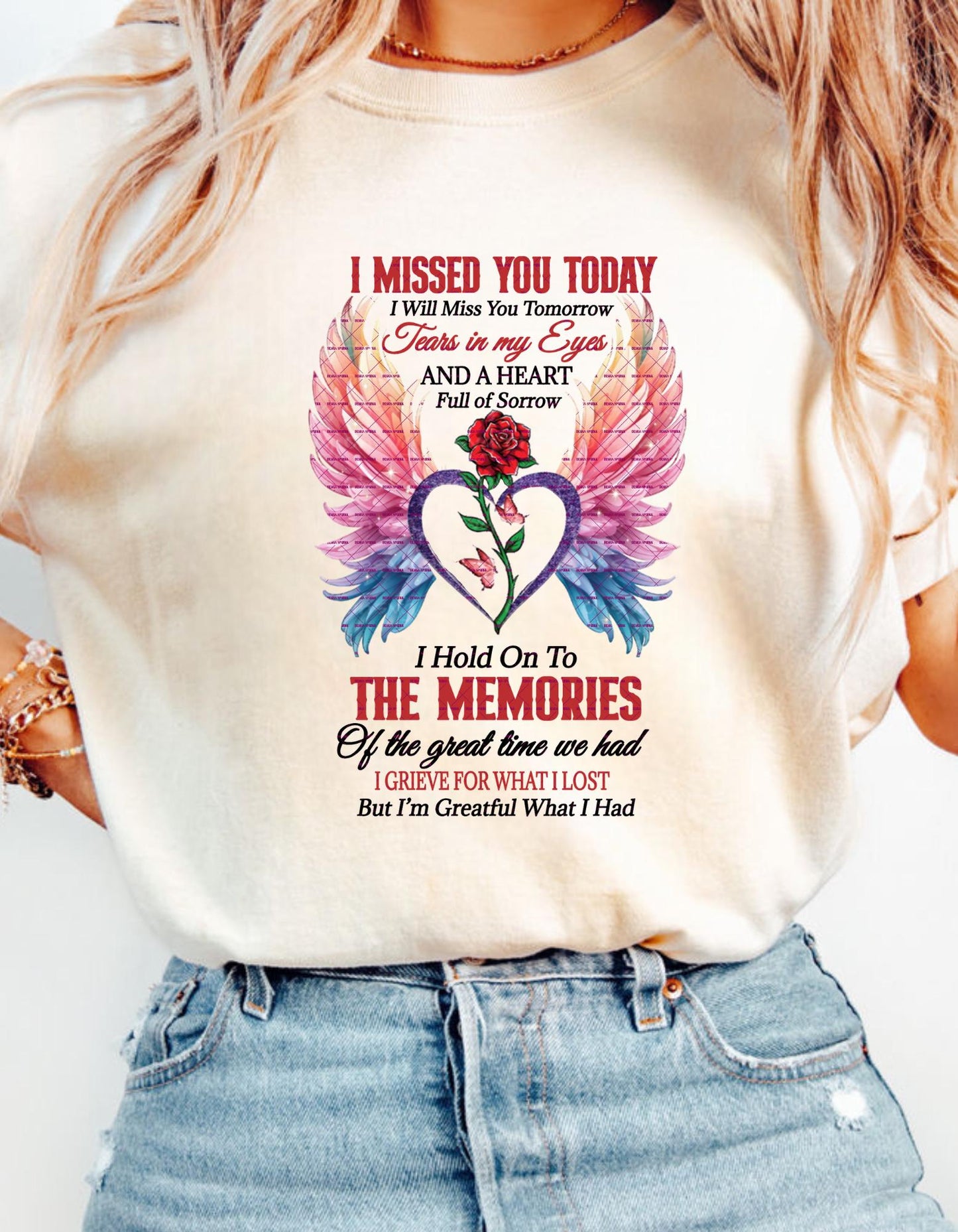 Memorial Tribute T Shirt Png, I Missed You Today, Angel Wings and Rose Heart Design, Sympathy Gift for Loss and Remembrance In loving memory