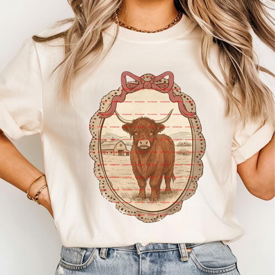 Highland Cow Vintage Shirt Design, Rustic Farm Cow PNG, Western Country Aesthetic, Boho Farmhouse Cow Art, Cute animal png file