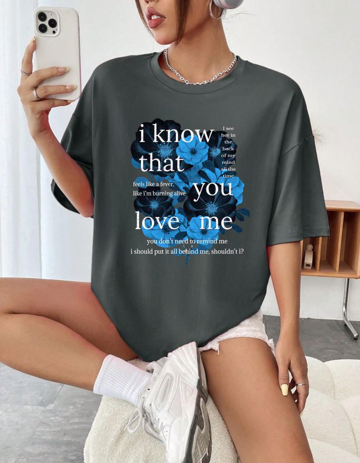 I know that you love me Png, Aesthetic Blue Floral Sad Love Quote Png, Romantic quote Png Girls png,Valentine shirt design