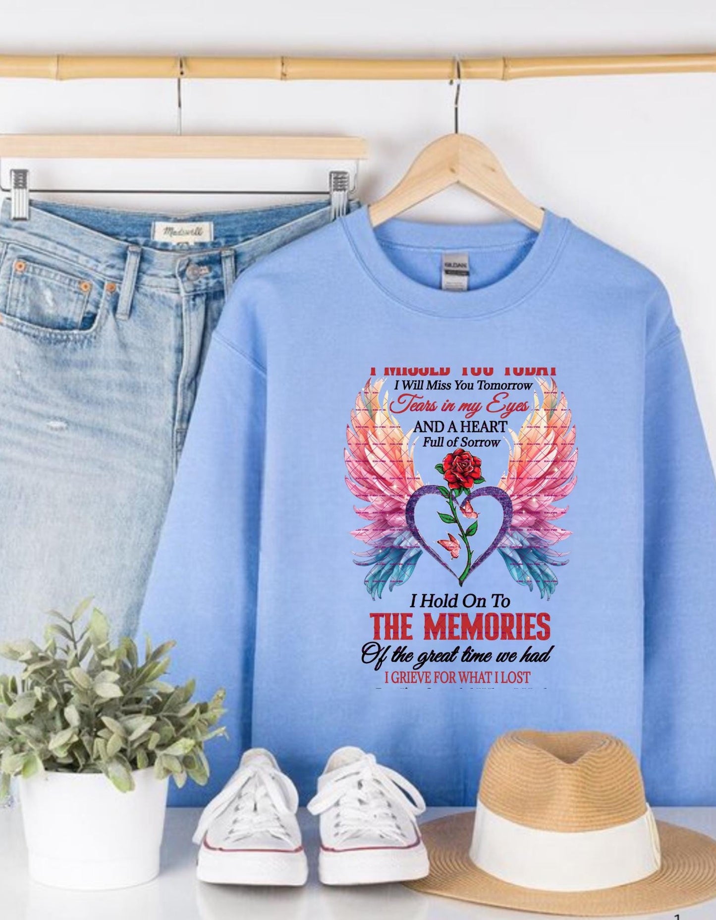 Sympathy Gift for Loss and Remembrance In loving memory, Memorial Tribute T Shirt Png, I Missed You Today, Angel Wings and Rose Heart Design