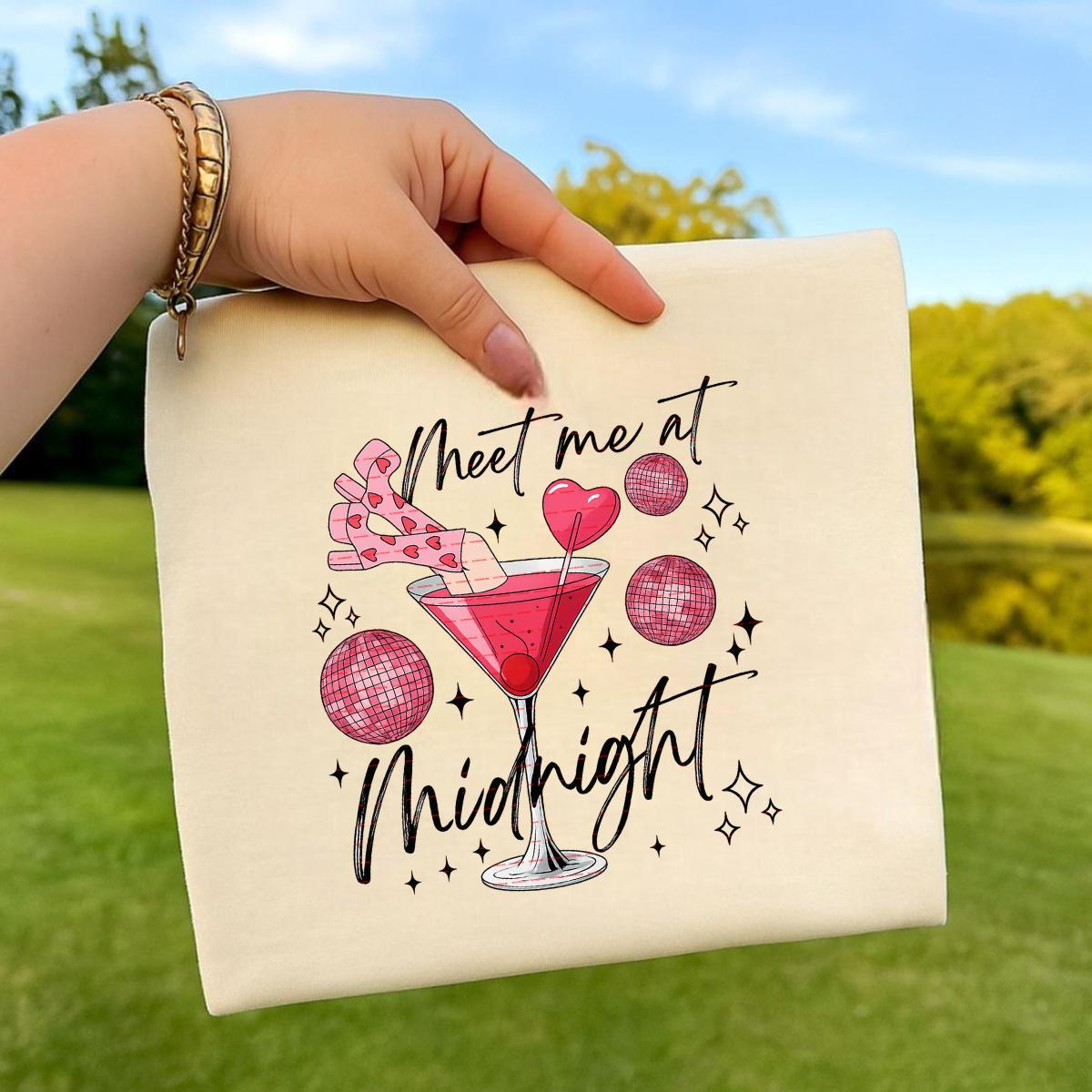 Meet Me at Midnight PNG, New Year Cocktail Sublimation, Pink Martini Drink Png, Midnight Kiss Shirt Design, Glitter NYE Party PNG for Shirts