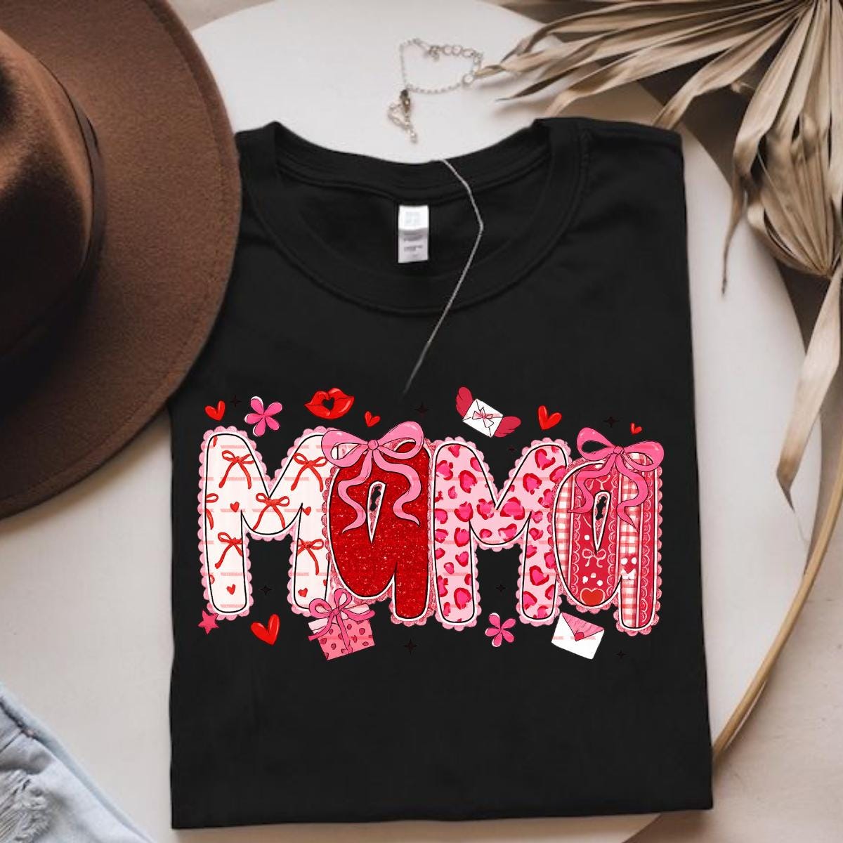 Mama Valentine Graphic Shirt design, Cute Pink Red Love Letter Bow Design, Motherhood Valentines Day Tee for Moms, Mama of boys shirt png