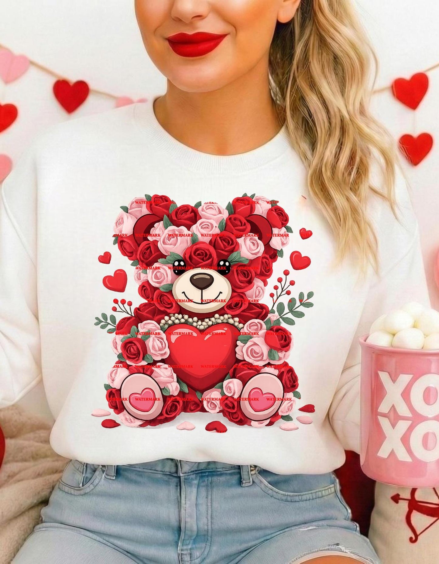 Rose Teddy Bear with Heart PNG, Valentine Floral Bear Clipart, Love Roses Teddy, Romantic Gift Art