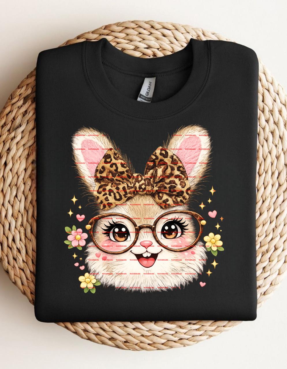 Cute Bunny with Glasses, Leopard Bow Easter Bunny PNG, Coquette Bunny Face, Spring Girl Shirt Sublimation, Floral Rabbit Clipart, Easter Png
