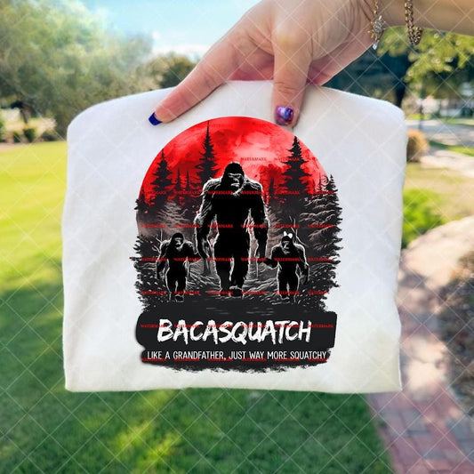 Bacasquatch PNG, Funny Bigfoot Grandpa Design, Sasquatch Grandfather Shirt, Retro Red Moon Forest Art, Bigfoot Family Graphic, Cryptid Humor