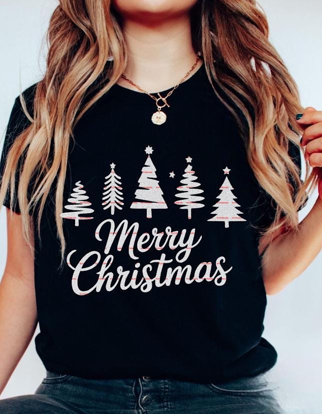 Merry Christmas PNG, Silver Glitter Tree Design, 2025 Christmas, Simple Holiday Typography, Classic Xmas Quote SVG, Red Christmas Decoration