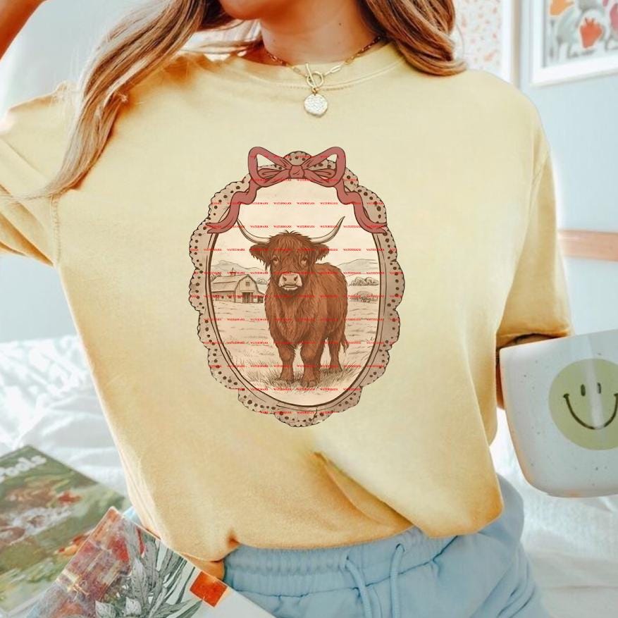Highland Cow Vintage Shirt Design, Rustic Farm Cow PNG, Western Country Aesthetic, Boho Farmhouse Cow Art, Cute animal png file