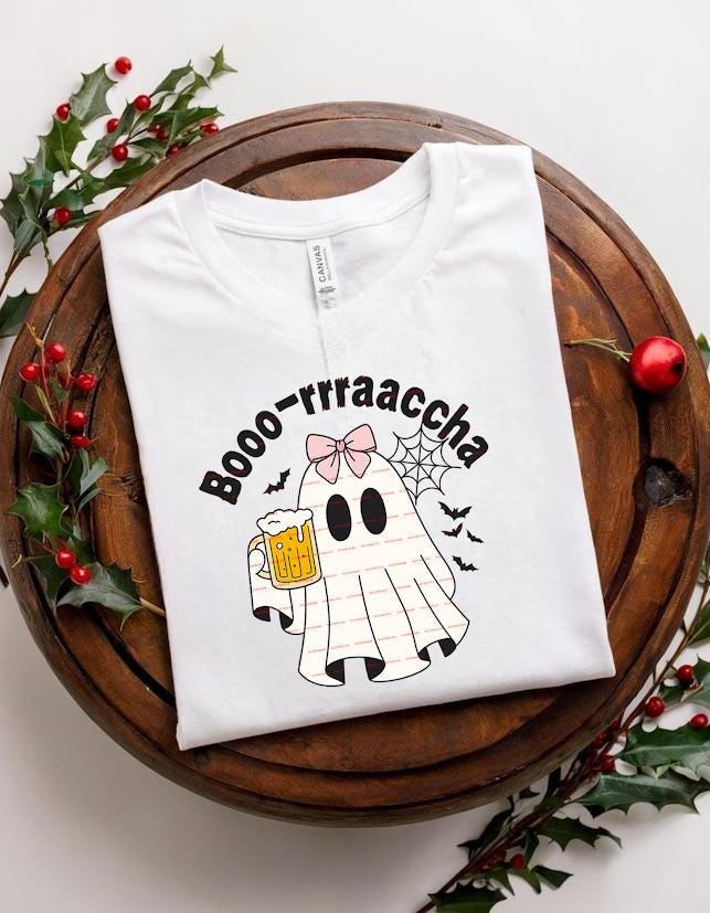 Funny Halloween Ghost With Beer Mug And Pink Bow Boo Rraaccha Design, Cute Spooky Drinking Ghost PNG For Sublimation Shirts, boo racha png