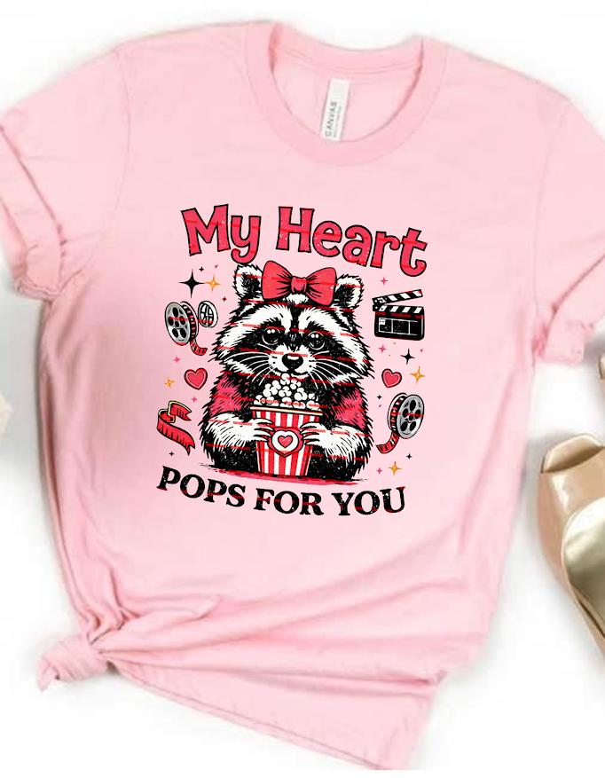 My Heart Pops For You PNG, Funny Valentine Raccoon Design, Cute Movie Night Love PNG, Valentine Sublimation File, Romantic Animal Shirt Png