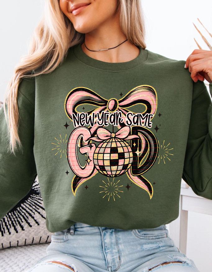 New Year Same God Graphic Tee Png, Faith Christian Disco Ball Bow Design, Spiritual Motivation New Year, Cute Religious Gift Sweatshirt