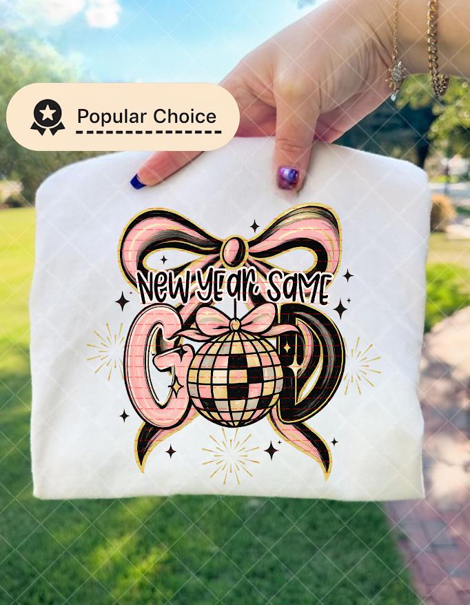 New Year Same God Graphic Tee Png, Faith Christian Disco Ball Bow Design, Spiritual Motivation New Year, Cute Religious Gift Sweatshirt