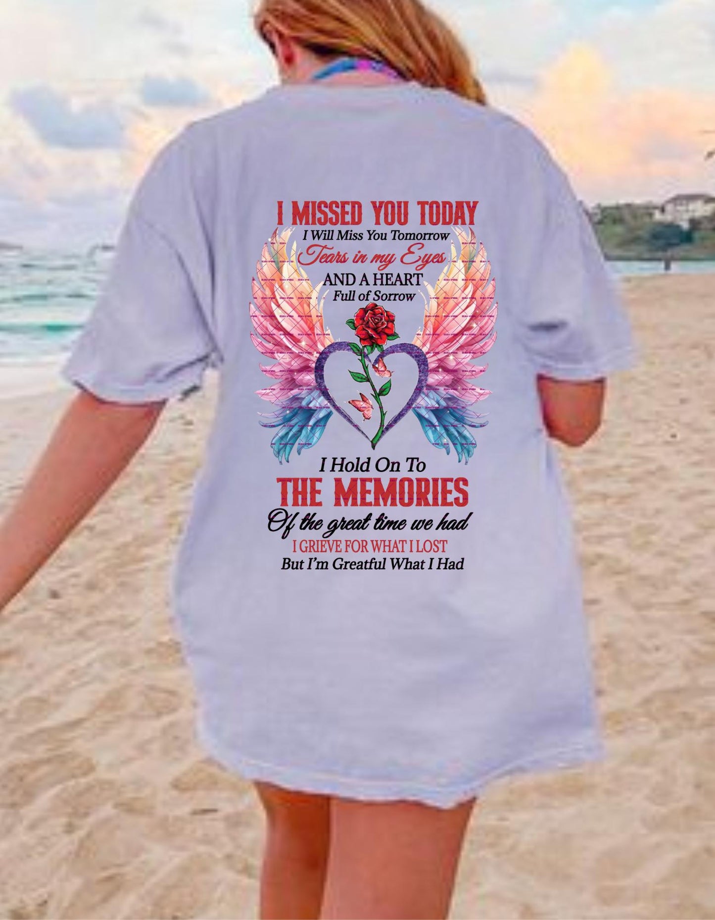 Memorial Tribute T Shirt Png, I Missed You Today, Angel Wings and Rose Heart Design, Sympathy Gift for Loss and Remembrance In loving memory