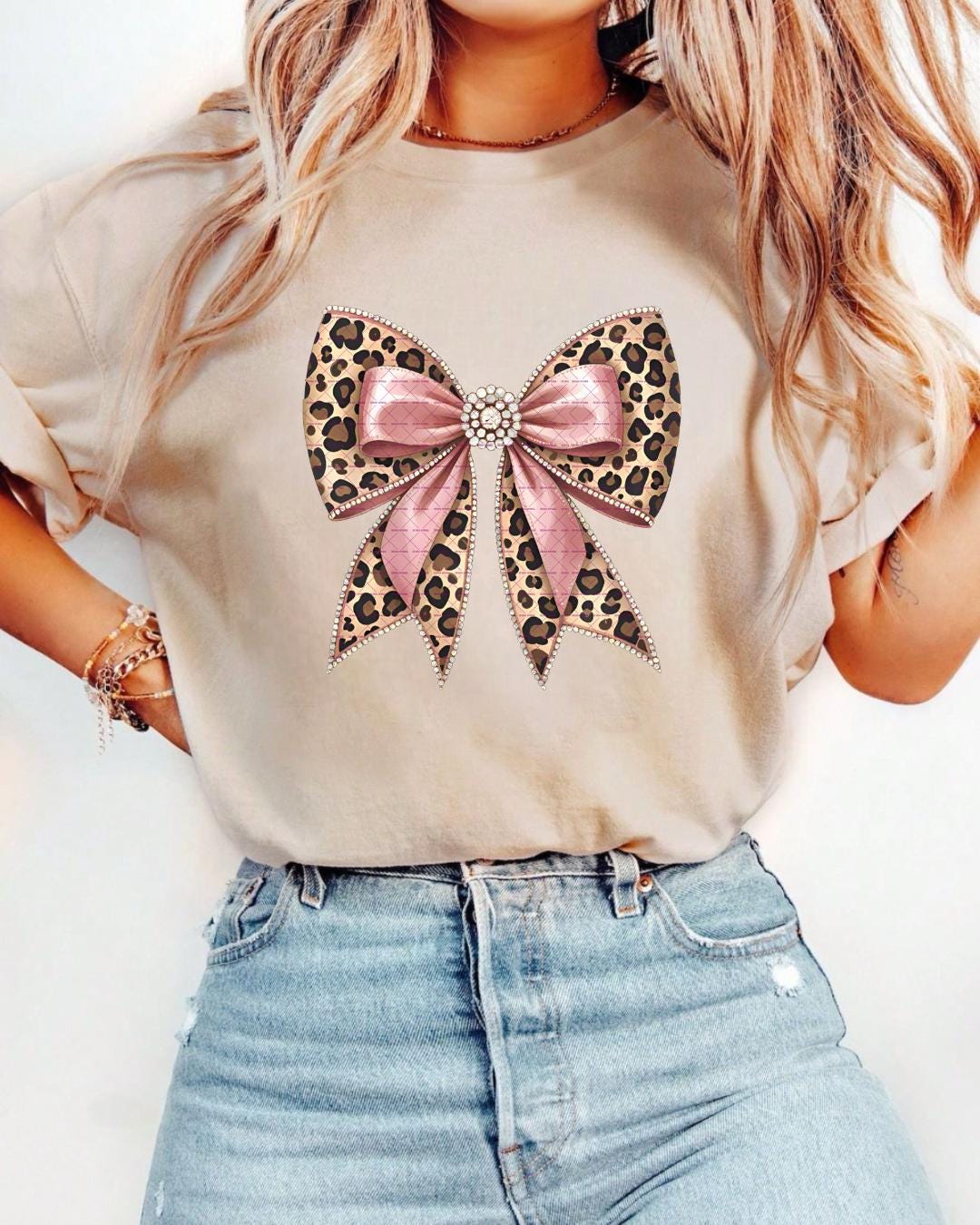 Leopard Print Bow Png, Pink Glitter Bow Graphic, Glam Cute Animal Print Shirt for Women, Trendy Png, Bling Bow Shirt Gift, Bow png, Girl bow