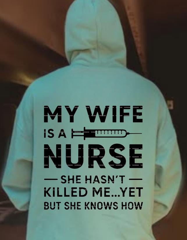 Nurse Humor Gift,Funny Nurse Husband Shirt, Medical Wife Shirt, My Wife Is a Nurse She Hasn’t Killed Me Yet Sweatshirt,Nurse LifeSVG PNG