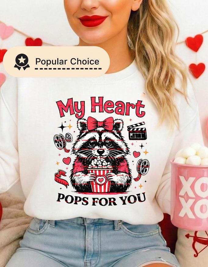My Heart Pops For You PNG, Funny Valentine Raccoon Design, Cute Movie Night Love PNG, Valentine Sublimation File, Romantic Animal Shirt Png