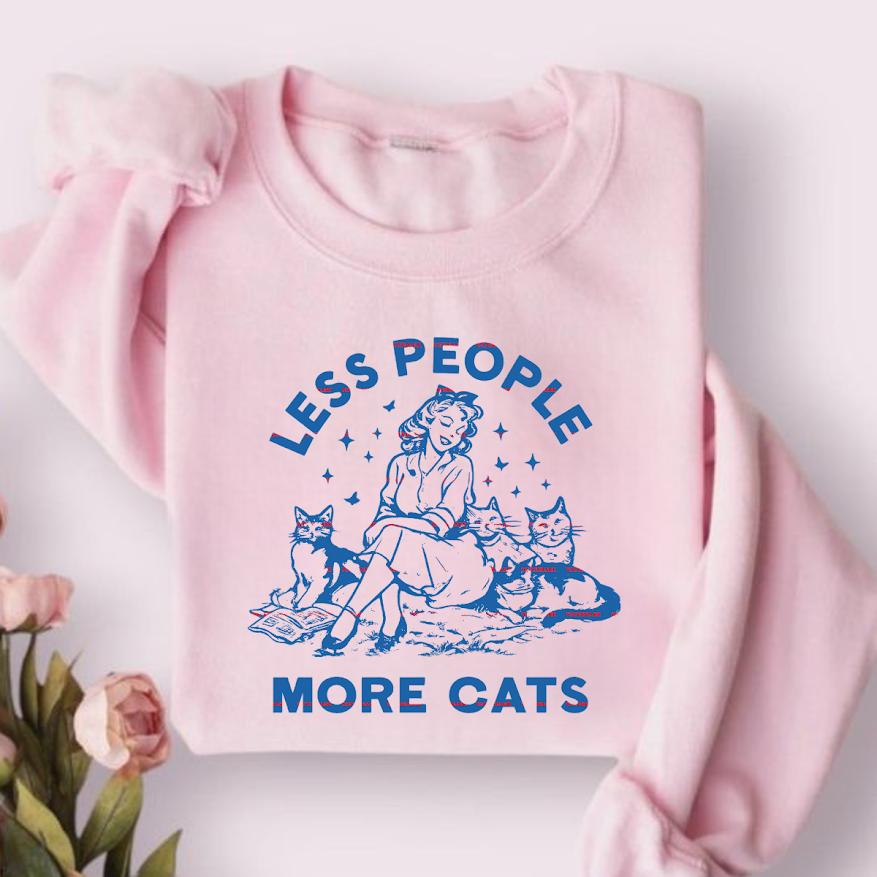 Less People More Cats PNG, Funny Cat Lover, Vintage Woman Cat Art Design, Retro Cat Shirt Sublimation PNG Digital Download