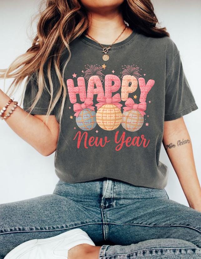 Happy New Year Shirt PNG, Festive Bow Ornament PNG, Holiday Celebration Sublimation Design, Digital Download, Shirts Png, New Year Fireworks