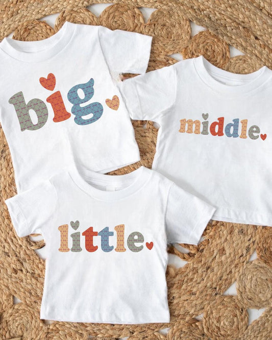 Big Middle Little Sibling Matching Shirts design, Baby Announcement T-Shirt Png, Family Custom ,Cousin Squad, Cute Heart Typography Design