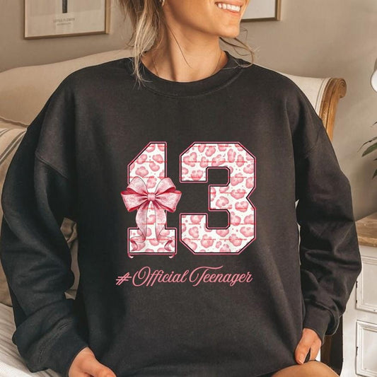 13th Birthday Shirt Design, Official Teenager PNG, Thirteen Birthday Girl Graphic, Cute Bow Birthday Sublimation, Custom birthday shirt png