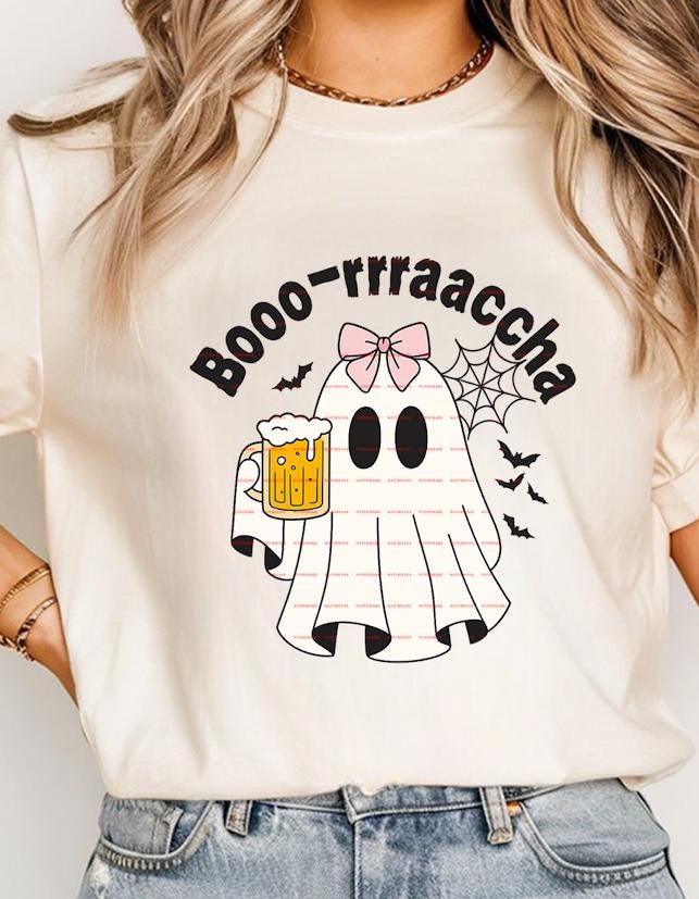 Funny Halloween Ghost With Beer Mug And Pink Bow Boo Rraaccha Design, Cute Spooky Drinking Ghost PNG For Sublimation Shirts, boo racha png