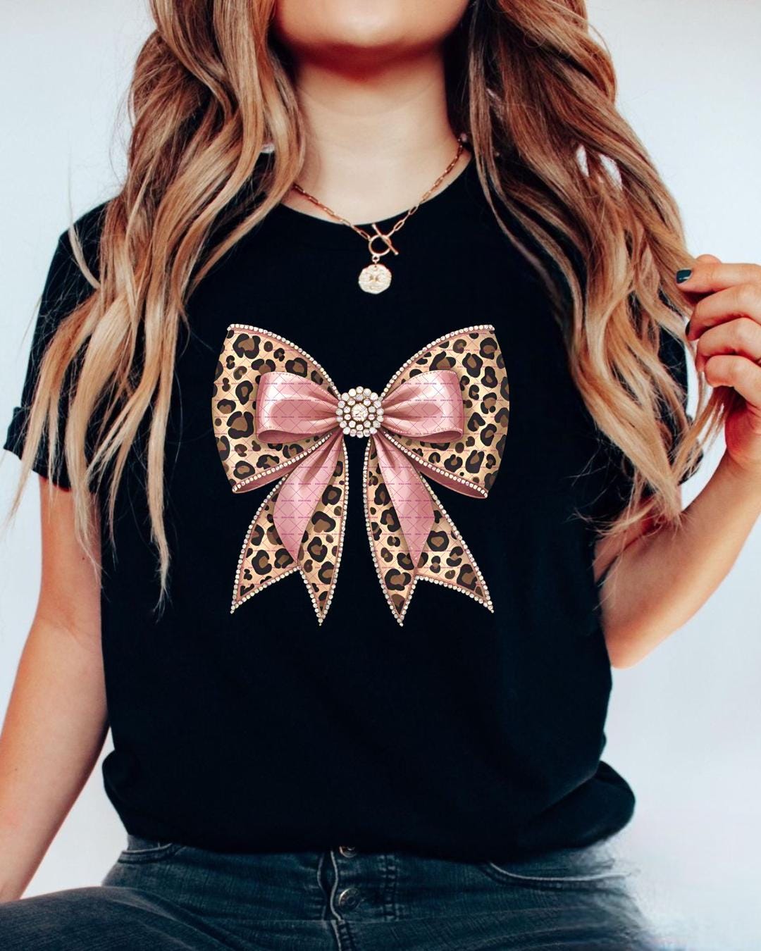 Leopard Print Bow Png, Pink Glitter Bow Graphic, Glam Cute Animal Print Shirt for Women, Trendy Png, Bling Bow Shirt Gift, Bow png, Girl bow