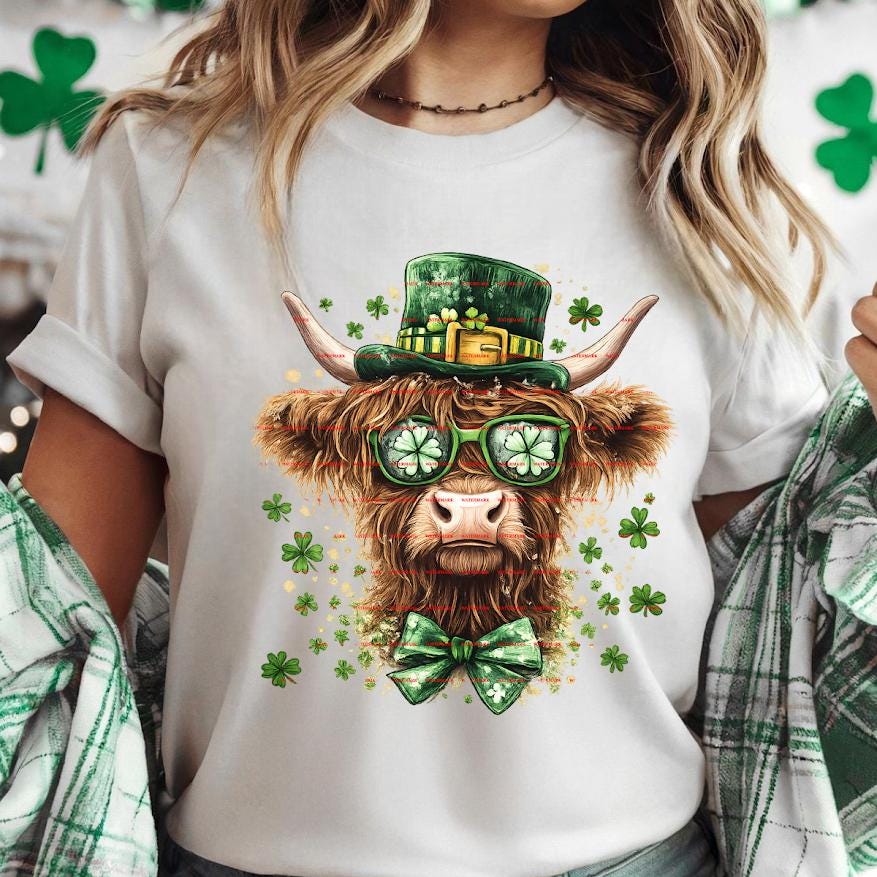 St. Patrick’s Day Highland Cow Shirt design, Cute Shamrock Cow with Leprechaun Hat, Lucky Irish Cow T-Shirt Png