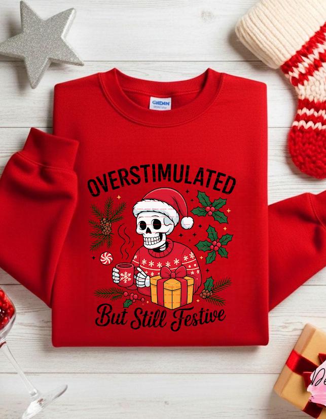 Overstimulated But Still Festive Shirt, Funny Christmas Skeleton Tee, Holiday Anxiety Humor Top, Goth Xmas Gift, Cozy Coffee Skeleton shirt