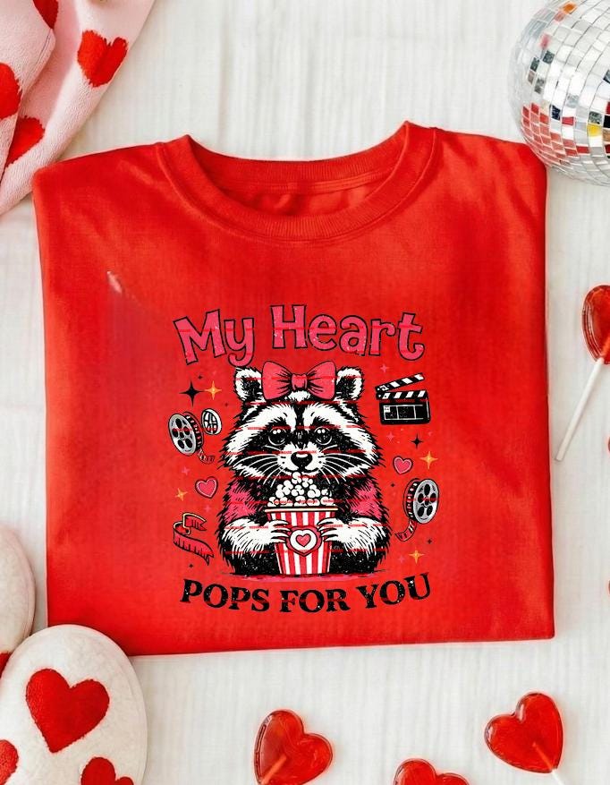 My Heart Pops For You PNG, Funny Valentine Raccoon Design, Cute Movie Night Love PNG, Valentine Sublimation File, Romantic Animal Shirt Png