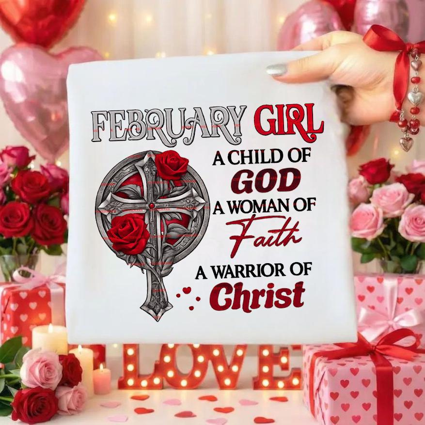 February Girl Faith PNG, A Child of God Woman of Faith Design, Christian Cross Rose Artwork for Shirts, Religious Women Graphic, Christian