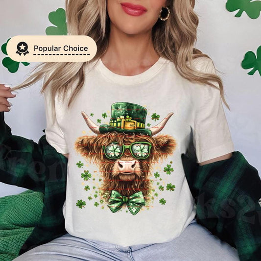 St. Patrick’s Day Highland Cow Shirt design, Cute Shamrock Cow with Leprechaun Hat, Lucky Irish Cow T-Shirt Png