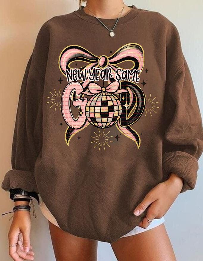 New Year Same God Graphic Tee Png, Faith Christian Disco Ball Bow Design, Spiritual Motivation New Year, Cute Religious Gift Sweatshirt