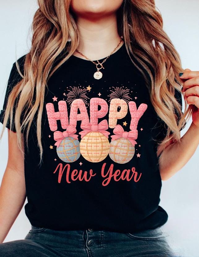 Happy New Year Shirt PNG, Festive Bow Ornament PNG, Holiday Celebration Sublimation Design, Digital Download, Shirts Png, New Year Fireworks