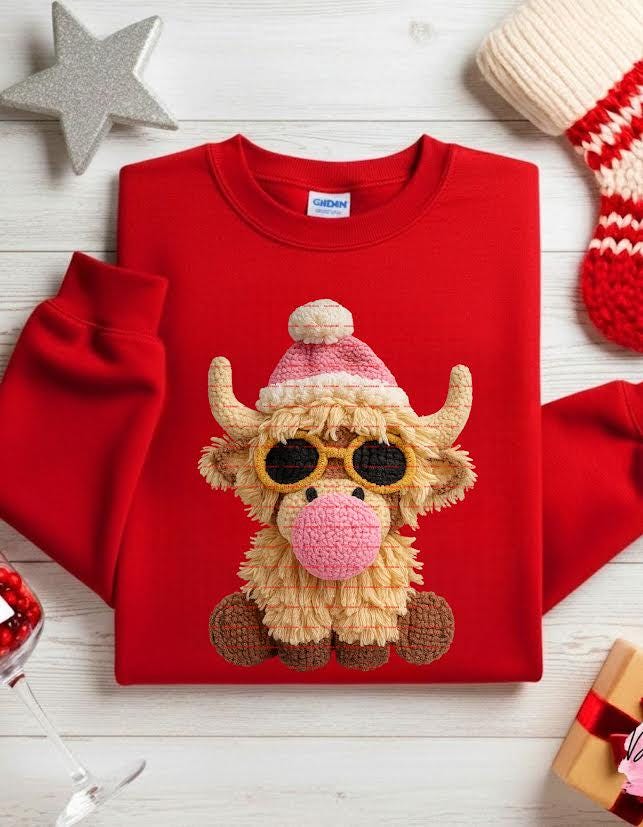 Cute Highland Cow Christmas PNG, Santa Hat Cow Clipart, Retro Farm Animal Sublimation, Holiday Cow Design for Shirt Mug Printing, Cute Pngs