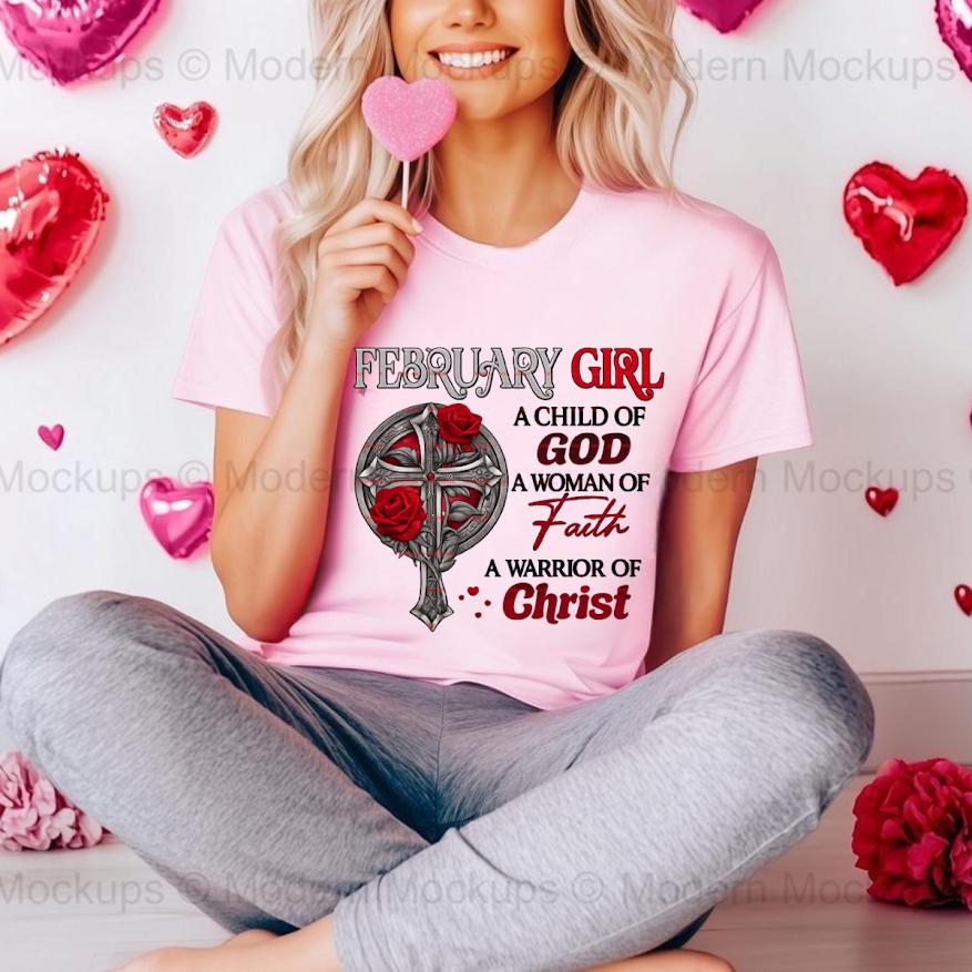February Girl Faith PNG, A Child of God Woman of Faith Design, Christian Cross Rose Artwork for Shirts, Religious Women Graphic, Christian