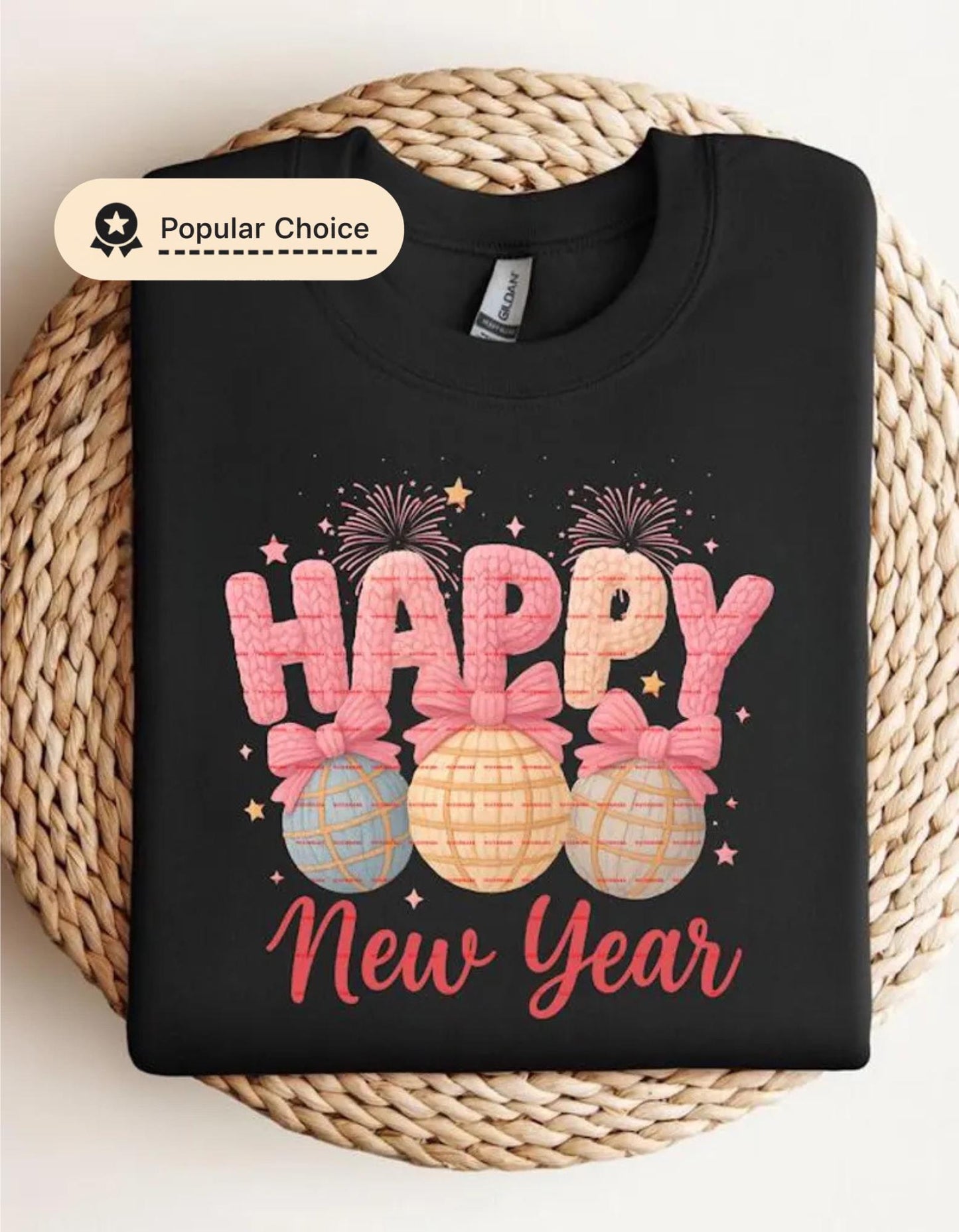 Happy New Year Shirt PNG, Festive Bow Ornament PNG, Holiday Celebration Sublimation Design, Digital Download, Shirts Png, New Year Fireworks