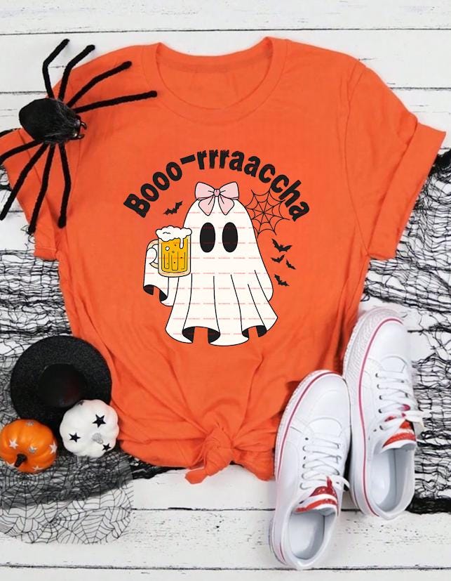 Funny Halloween Ghost With Beer Mug And Pink Bow Boo Rraaccha Design, Cute Spooky Drinking Ghost PNG For Sublimation Shirts, boo racha png