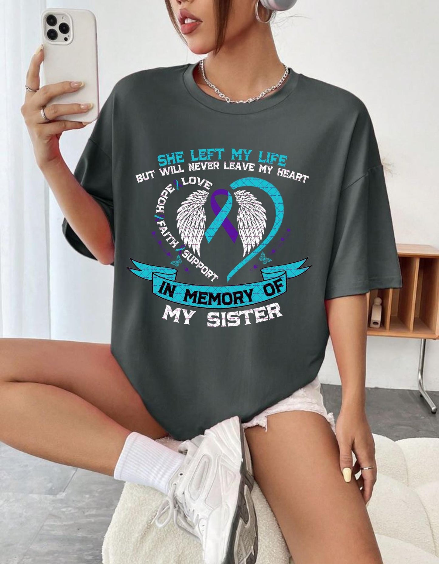 In Memory of My Sister, Teal Purple Ribbon Memorial Shirt, Faith Hope Support Wings Design, Memorial Png, Memorial gift, I missed you today