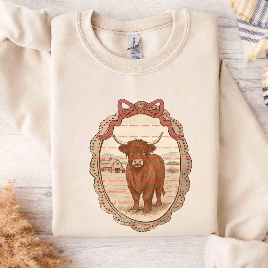 Highland Cow Vintage Shirt Design, Rustic Farm Cow PNG, Western Country Aesthetic, Boho Farmhouse Cow Art, Cute animal png file
