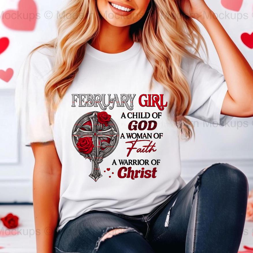 February Girl Faith PNG, A Child of God Woman of Faith Design, Christian Cross Rose Artwork for Shirts, Religious Women Graphic, Christian