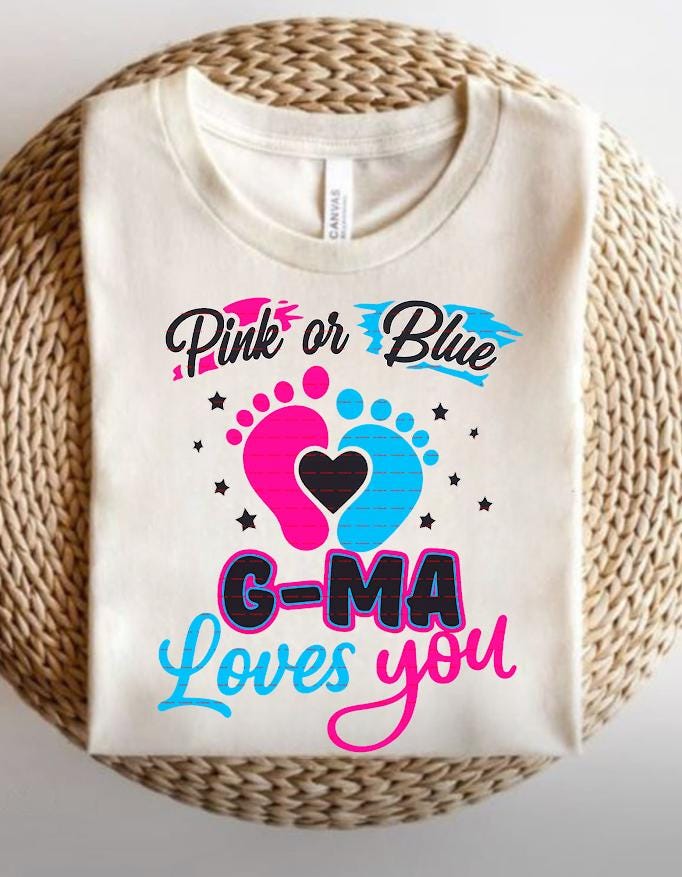 Pink or Blue G-Ma Loves You Shirt Png file, Gender Reveal Tee, Baby Shower Announcement Gift, Cute Pregnancy Reveal Footprint Heart Design