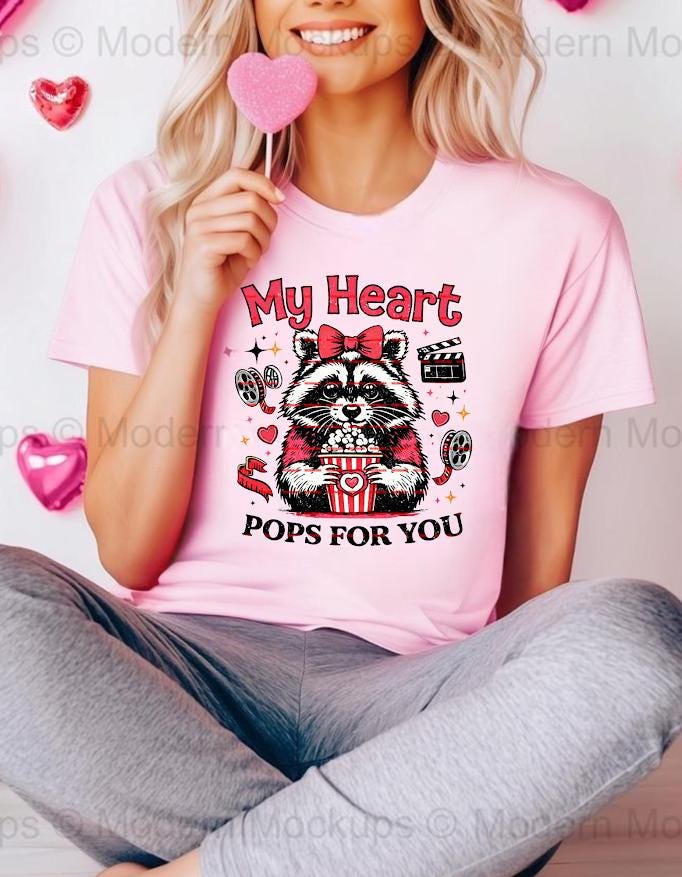 My Heart Pops For You PNG, Funny Valentine Raccoon Design, Cute Movie Night Love PNG, Valentine Sublimation File, Romantic Animal Shirt Png
