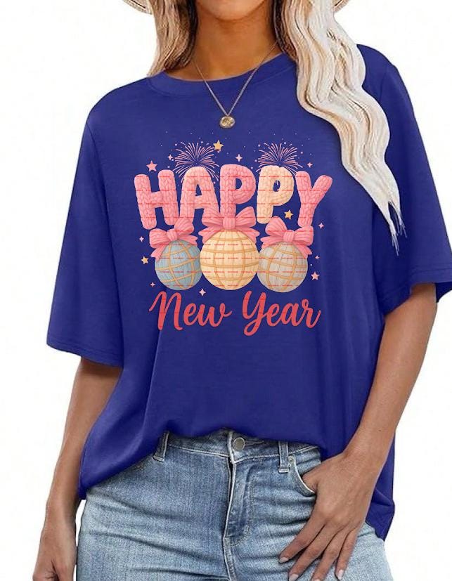 Happy New Year Shirt PNG, Festive Bow Ornament PNG, Holiday Celebration Sublimation Design, Digital Download, Shirts Png, New Year Fireworks