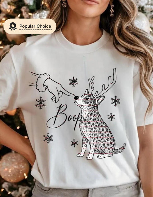 Boop Christmas Dog Shirt design, Cute Reindeer Dog and Santa Hand Design, Funny Holiday Pet Lover Tee, Festive Winter Dog Mom Gift, Dog boop