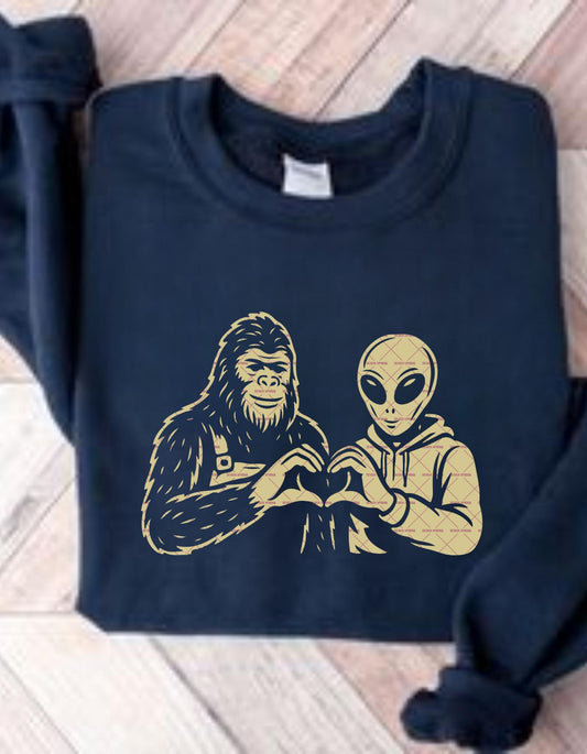 Cryptid Funny Friend Shirt Png, Alien Heart Hands and Bigfoot Svg Png file, School Stickers, Cartoon Svg file, Png file