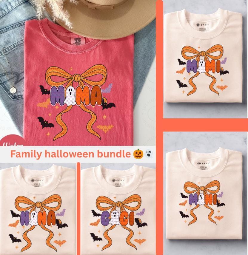 Halloween Ghost PNG Bundle for Mama Mimi Mini Gigi Nana, Spooky Family Matching Bats Bow Sublimation, Cute Ghost Fall Halloween Shirt Design
