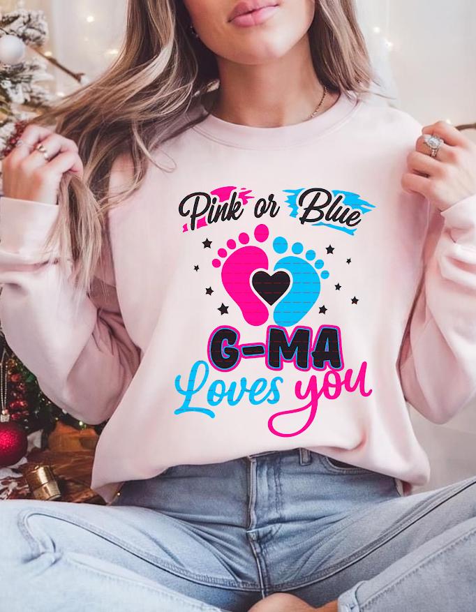 Pink or Blue G-Ma Loves You Shirt Png file, Gender Reveal Tee, Baby Shower Announcement Gift, Cute Pregnancy Reveal Footprint Heart Design