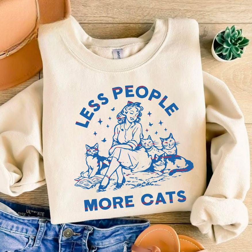 Less People More Cats PNG, Funny Cat Lover, Vintage Woman Cat Art Design, Retro Cat Shirt Sublimation PNG Digital Download