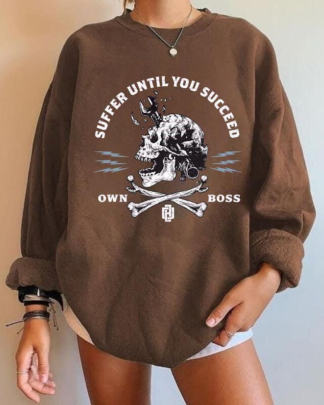 Suffer Until You Succeed PNG, Motivational Skull Design, Own Boss Quote Graphic, Edgy Vintage Tattoo Style Sublimation for Shirts, Mens Png