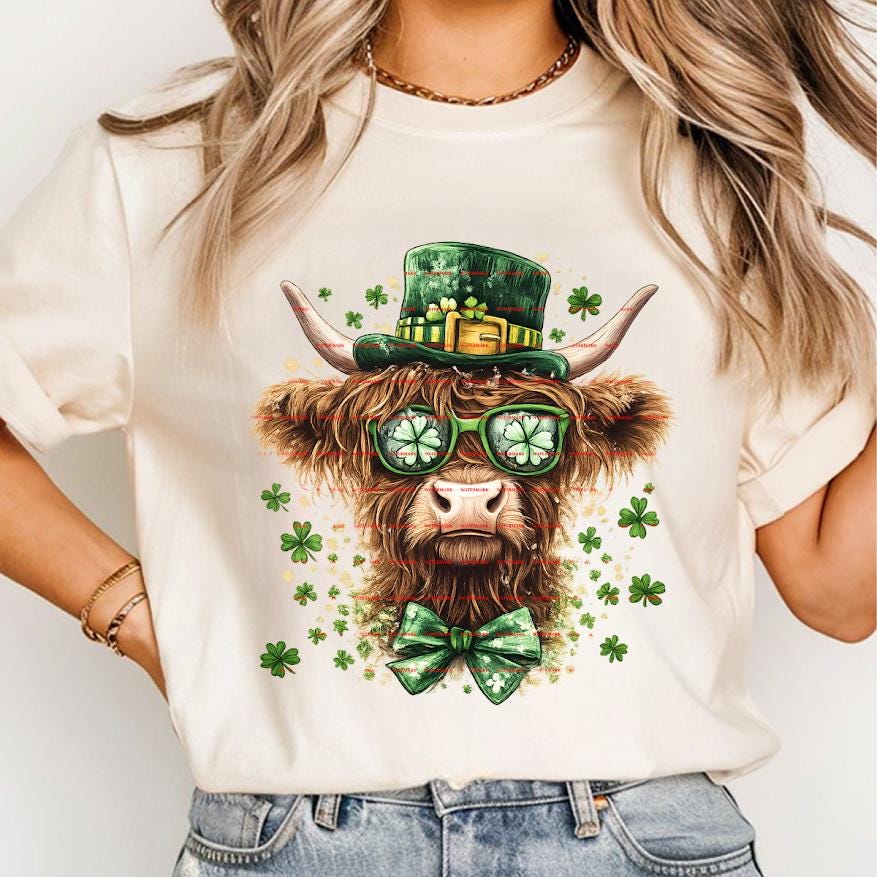 St. Patrick’s Day Highland Cow Shirt design, Cute Shamrock Cow with Leprechaun Hat, Lucky Irish Cow T-Shirt Png